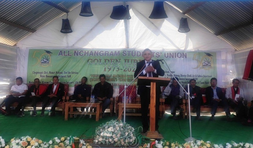 Advisor Namri Nchang addressing All Nchangram Students’ Union golden jubilee on January 10. (DIPR Photo)